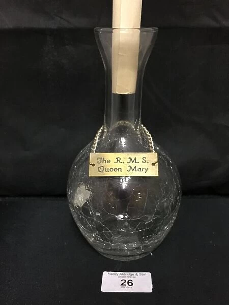 RMS Queen Mary, crackle glass carafe with plaque