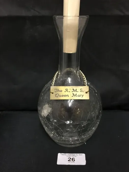 Framed Print : RMS Queen Mary, crackle glass carafe with plaque Framed Print : RMS Queen Mary, crackle glass carafe with plaque