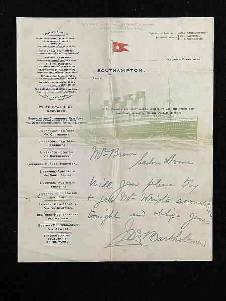 RMS Titamic, letter, John Bartholomew, Southampton