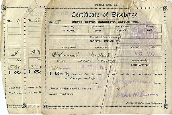 RMS Titanic - three certificates of discharge, Wormald