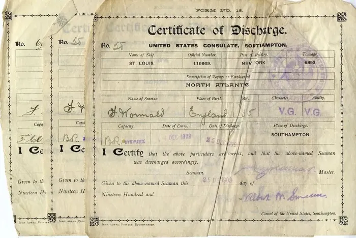 Framed Print : RMS Titanic - three certificates of discharge, Wormald Framed Print : RMS Titanic - three certificates of discharge, Wormald