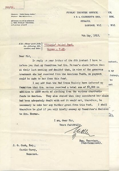 RMS Titanic - compensation claim of Mrs Herman