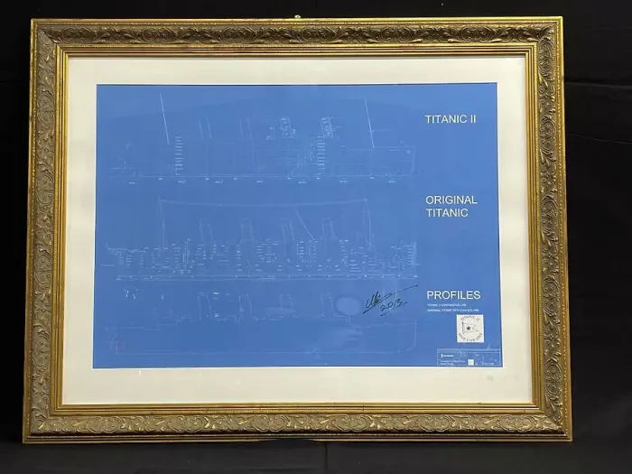 Framed Print : RMS Titanic II, blueprint profile design drawing, framed Framed Print : RMS Titanic II, blueprint profile design drawing, framed