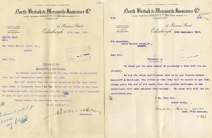 Framed Print : RMS Titanic - two insurance company letters Framed Print : RMS Titanic - two insurance company letters