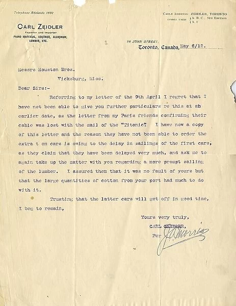 RMS Titanic - letter from Carl Zeidler of Toronto, Canada