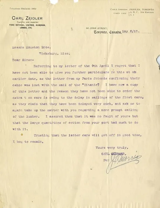 Framed Print : RMS Titanic - letter from Carl Zeidler of Toronto, Canada Framed Print : RMS Titanic - letter from Carl Zeidler of Toronto, Canada