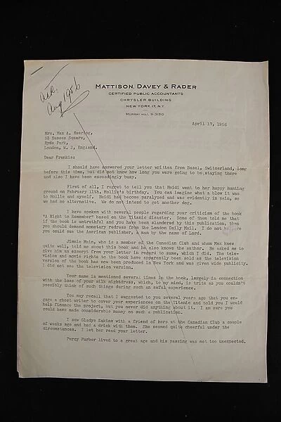 RMS Titanic - letter, Mabel Francatelli, passenger