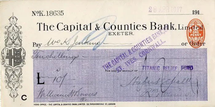 Framed Print : RMS Titanic - Relief Fund cheque, Mrs K Jenkins Framed Print : RMS Titanic - Relief Fund cheque, Mrs K Jenkins