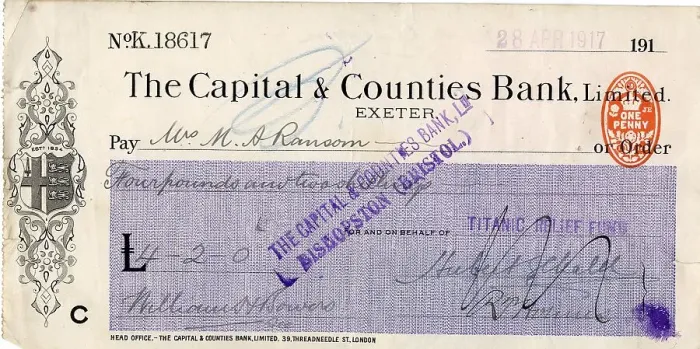 Framed Print : RMS Titanic - Relief Fund cheque, Mrs M A Ransom Framed Print : RMS Titanic - Relief Fund cheque, Mrs M A Ransom