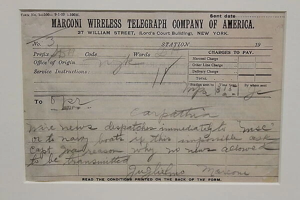 RMS Titanic - telegram from Marconi to Carpathia