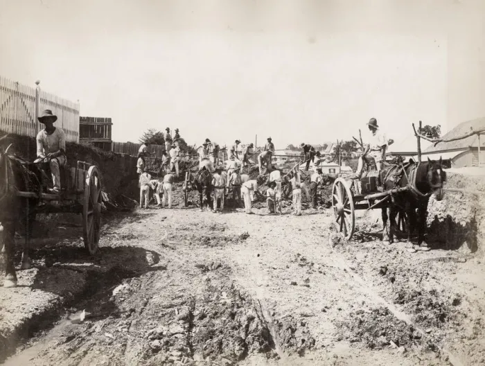 Framed Print : Road gang building a road, Brisbane, Australia Framed Print : Road gang building a road, Brisbane, Australia