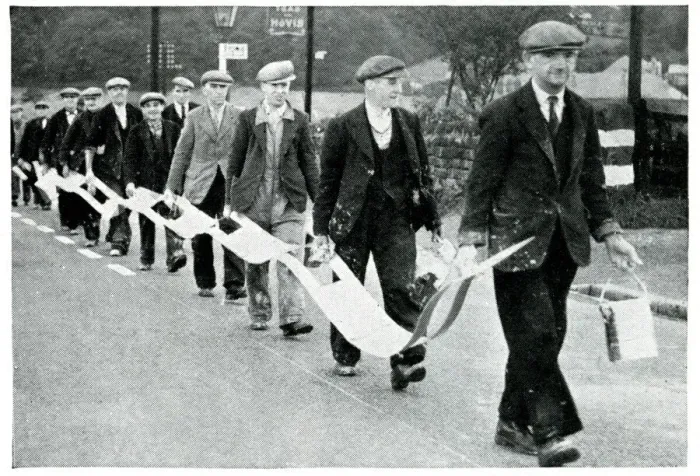 Framed Print : Road painters carrying broken white line stencil, Sept 1939 Framed Print : Road painters carrying broken white line stencil, Sept 1939