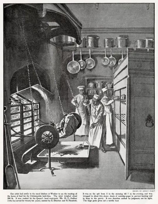 Framed Print : Roasting of the baron of beef for the Christmastide Festival, held over a weekend in the first week in December each year. Date: 1900 Framed Print : Roasting of the baron of beef for the Christmastide Festival, held over a weekend in the first week in December each year. Date: 1900