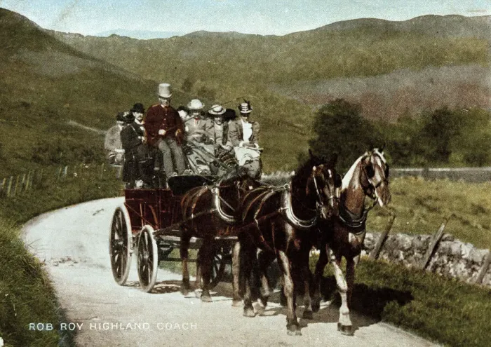 Framed Print : Rob Roy Highland Coach with passengers, Scotland Framed Print : Rob Roy Highland Coach with passengers, Scotland