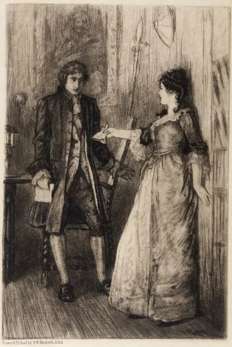 Framed Print : Rob Roy by Walter Scott. Diana Vernon and Frank: the glove scene. Date: First published: 1818 Framed Print : Rob Roy by Walter Scott. Diana Vernon and Frank: the glove scene. Date: First published: 1818