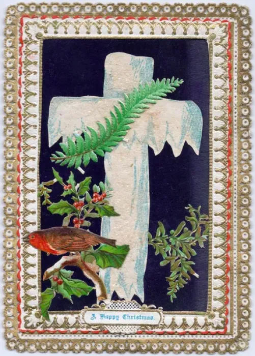 Framed Print : Robin, holly, mistletoe and a cross on a Christmas card Framed Print : Robin, holly, mistletoe and a cross on a Christmas card