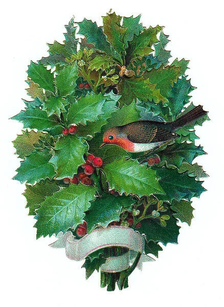Robin with holly on a Victorian Christmas scrap
