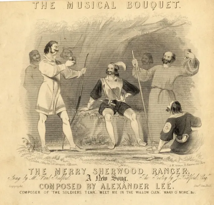 Framed Print : Robin Hood and his men on a music sheet Framed Print : Robin Hood and his men on a music sheet