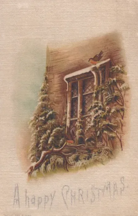 Framed Print : Robin perched on a window on a fabric Christmas card Framed Print : Robin perched on a window on a fabric Christmas card