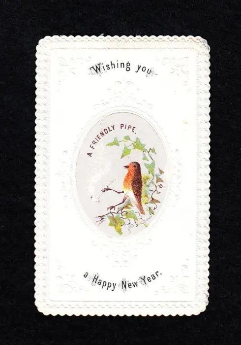 Framed Print : Robin smoking a pipe on a New Year card Framed Print : Robin smoking a pipe on a New Year card