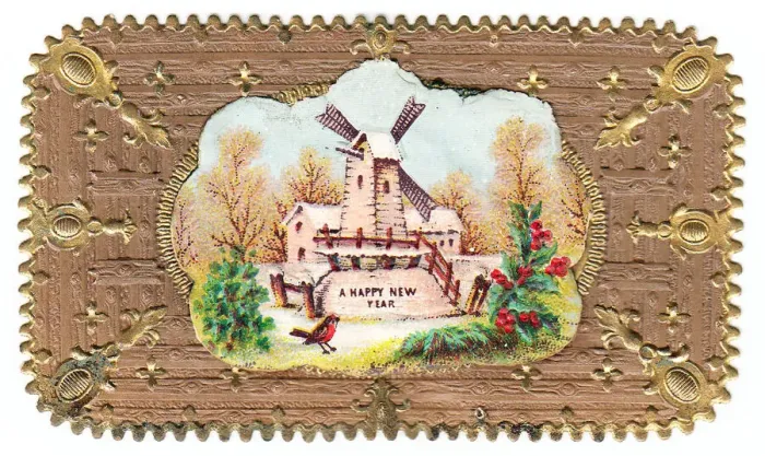 Framed Print : Robin and windmill in the snow on a New Year card Framed Print : Robin and windmill in the snow on a New Year card