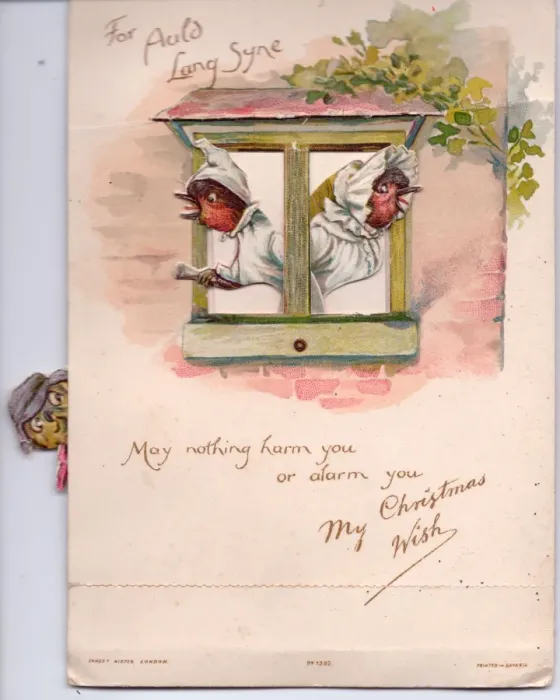 Framed Print : Two robins alarmed by a cat on a Christmas card Framed Print : Two robins alarmed by a cat on a Christmas card