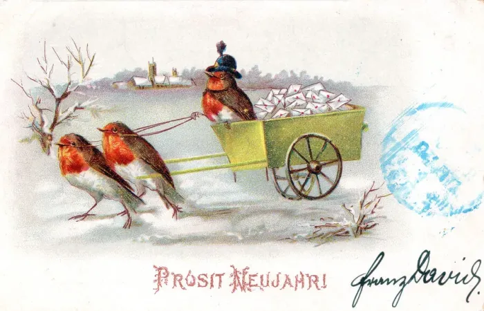 Framed Print : Robins with a cart on a German New Year postcard Framed Print : Robins with a cart on a German New Year postcard