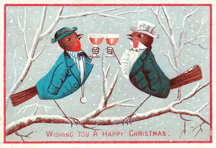 Framed Print : Two robins with drinks on a Christmas card Framed Print : Two robins with drinks on a Christmas card