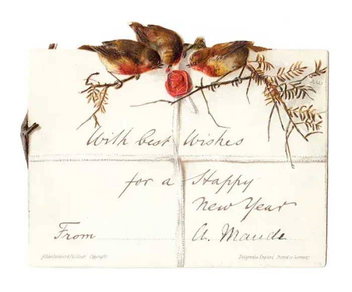 Framed Print : Robins and envelope on a New Year card Framed Print : Robins and envelope on a New Year card