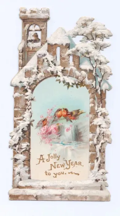 Framed Print : Robins with flowers and church on a New Year card Framed Print : Robins with flowers and church on a New Year card