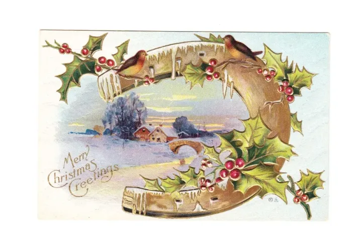 Framed Print : Robins, holly and a horseshoe on a Christmas postcard Framed Print : Robins, holly and a horseshoe on a Christmas postcard