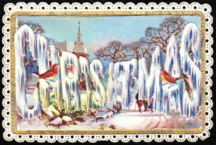 Framed Print : Robins with ice and snow on a Christmas card Framed Print : Robins with ice and snow on a Christmas card