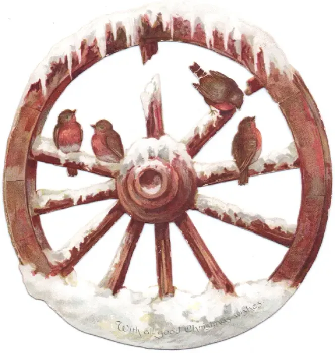 Framed Print : Robins perched on a wheel on a cutout Christmas card