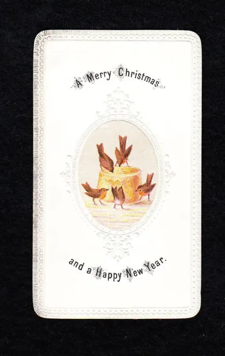 Framed Print : Five robins with pie on a Christmas and New Year card Framed Print : Five robins with pie on a Christmas and New Year card