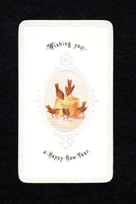 Framed Print : Five robins with pie on a New Year card Framed Print : Five robins with pie on a New Year card