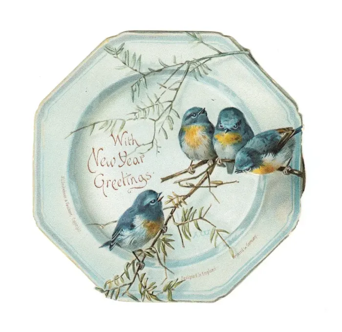 Framed Print : Four robins on a plate-shaped New Year card Framed Print : Four robins on a plate-shaped New Year card