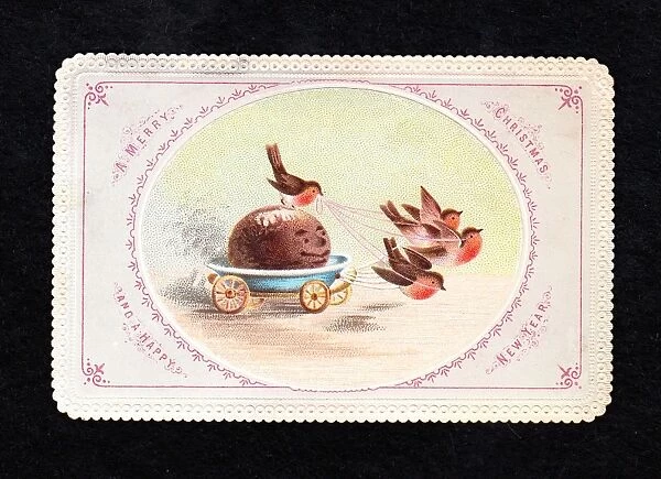 Four robins with pudding on a Christmas and New Year card