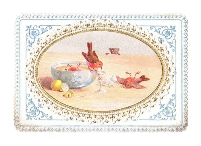 Framed Print : Three robins sampling the punch on a Christmas card Framed Print : Three robins sampling the punch on a Christmas card