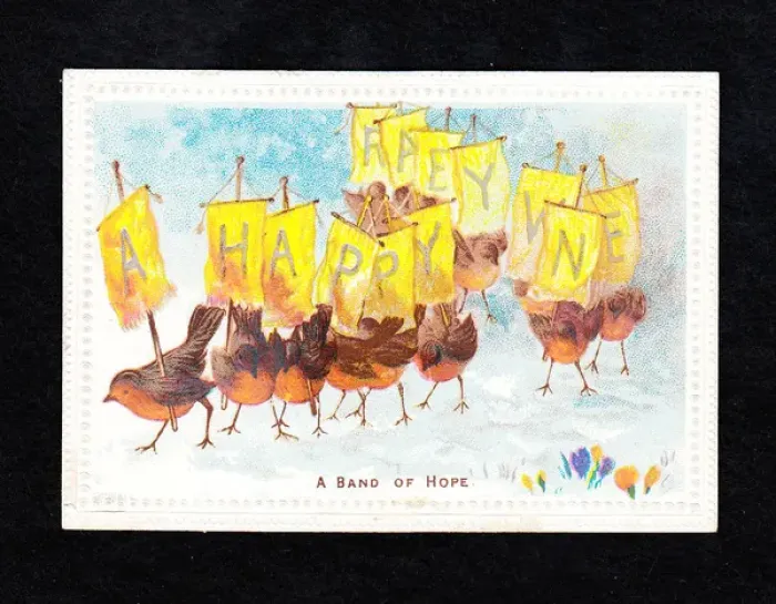 Framed Print : Robins in the snow with banners on a New Year card Framed Print : Robins in the snow with banners on a New Year card