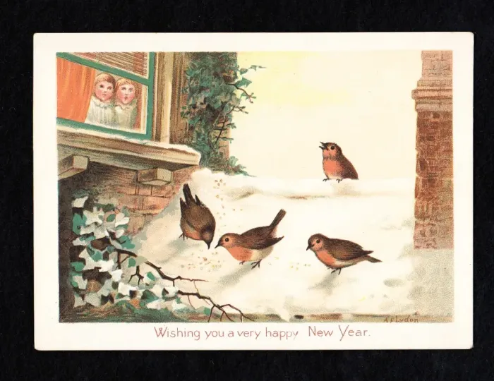 Framed Print : Four robins in the snow on a New Year card Framed Print : Four robins in the snow on a New Year card