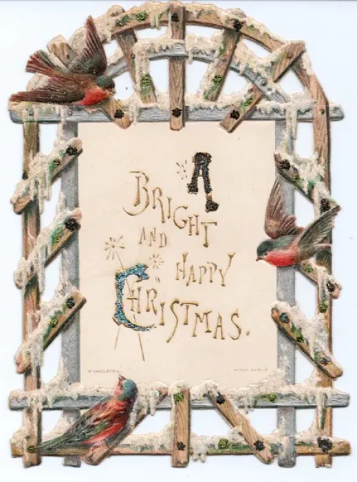 Framed Print : Robins and trellis on a cutout Christmas card Framed Print : Robins and trellis on a cutout Christmas card
