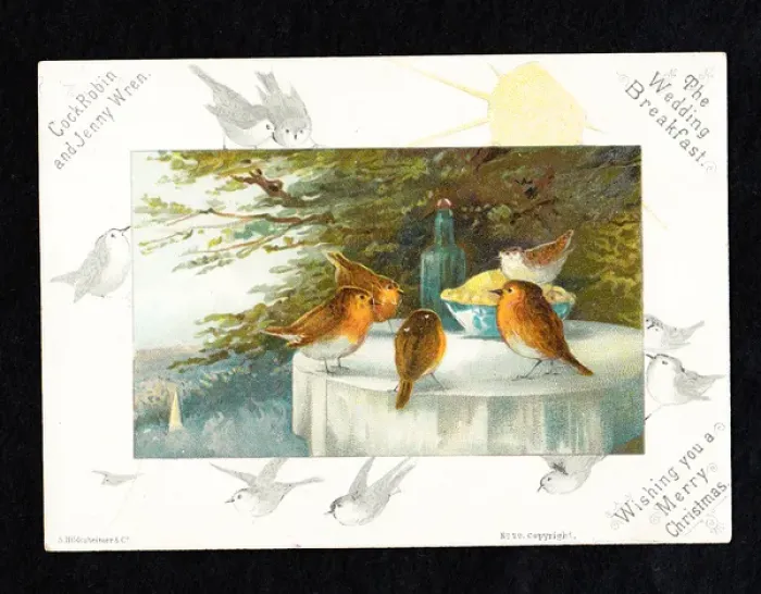 Framed Print : Four robins and a wren on a Christmas card Framed Print : Four robins and a wren on a Christmas card