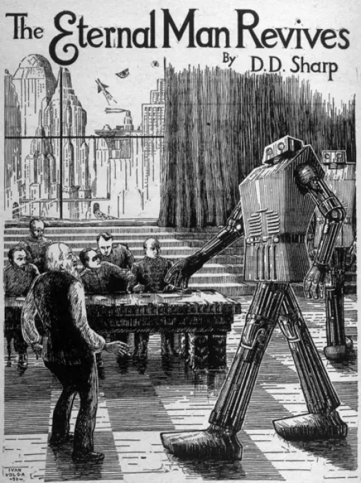 Framed Print : Robot shocks a group of men Framed Print : Robot shocks a group of men