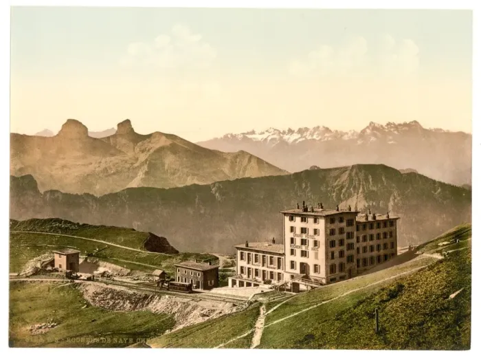 Framed Print : Rochers de Naye Grand Hotel, and railroad, Geneva Lake, Swit Framed Print : Rochers de Naye Grand Hotel, and railroad, Geneva Lake, Swit