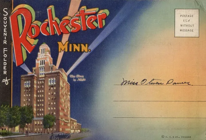 Framed Print : Rochester, Minnesota, USA, with The Clinic by night Date: 1934 Framed Print : Rochester, Minnesota, USA, with The Clinic by night Date: 1934