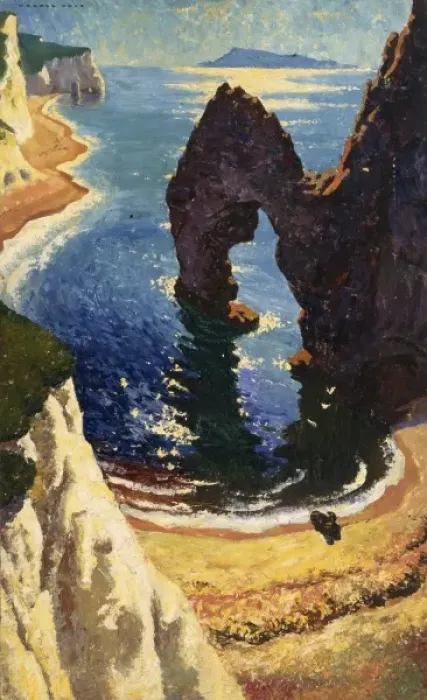Framed Print : Rock Arch. Painting of an unidentified coastal location with the unusual Framed Print : Rock Arch. Painting of an unidentified coastal location with the unusual