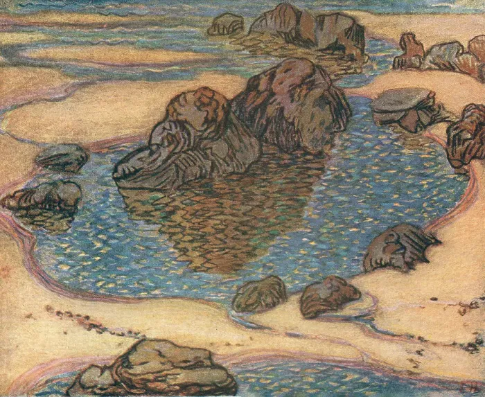 Framed Print : Rock Pool. A textural pastel painting of some rock pools on a beach Framed Print : Rock Pool. A textural pastel painting of some rock pools on a beach