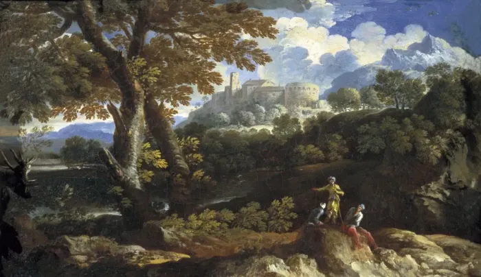 Framed Print : Rocky landscape. 17th c. Work by the school of Framed Print : Rocky landscape. 17th c. Work by the school of