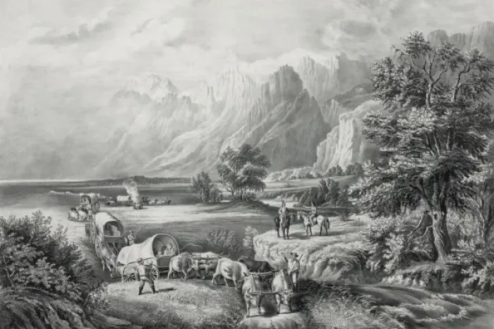 Framed Print : The Rocky Mountains : emigrants crossing the plains Framed Print : The Rocky Mountains : emigrants crossing the plains