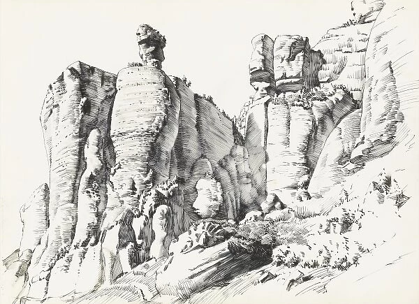 A rocky outcrop on the side of a mountain, formed by the weathering of soft rock